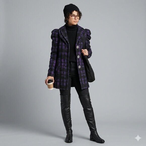 Samuel Dong Womens Purple & Black Plaid Puff Sleeve Coat Size S - Picture 5 of 16